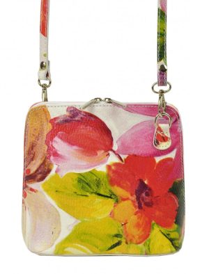 Kožená malá dámska crossbody kabelka s motívom kvetov ružová
