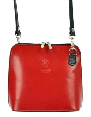 Kožená malá dámska crossbody kabelka červená s čiernym pásikom