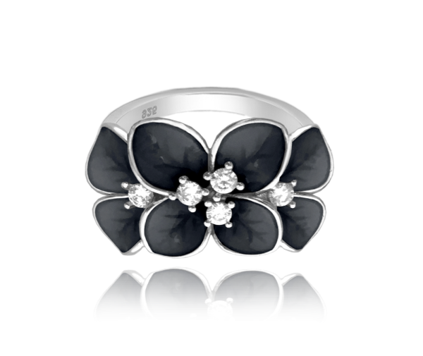 MINET Čierny kvetinový strieborný prsteň FLOWERS s bielymi zirkónmi veľkosť 51