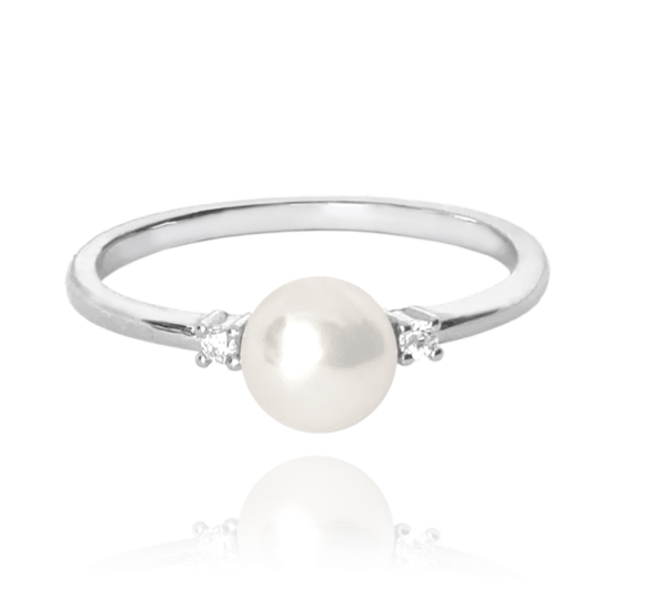MINET Strieborný prsteň s perlou a bielymi zirkónmi veľkosť 52