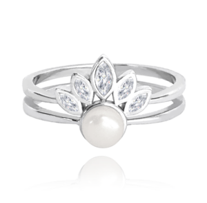 MINET Strieborný prsteň s perlou a bielymi zirkónmi veľkosť 57