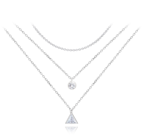 MINET Trojitý strieborný náhrdelník TRIANGLE s bielymi zirkónmi