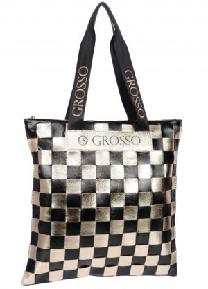 Čierno-zlatá mäkká shopper dámska kabelka s prepletaným šachovnicovým vzorom S688 GROSSO
