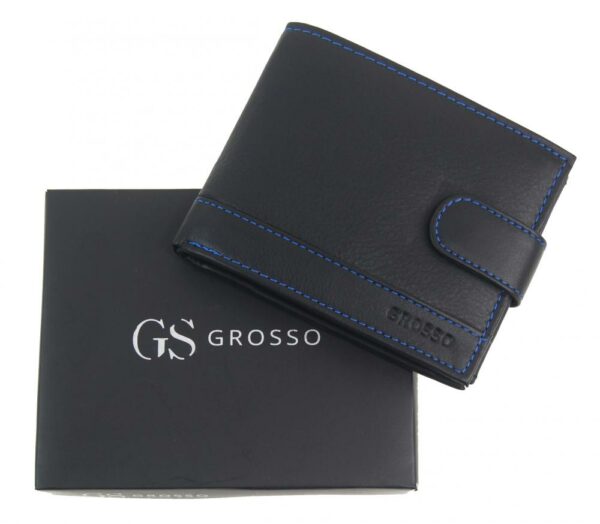 Kožená čierna pánska peňaženka so zápinkou a modrou niťou v krabičke GROSSO