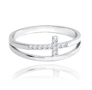 MINET Dvojitý strieborný prsteň CROSS s bielymi zirkónmi veľkosť 64
