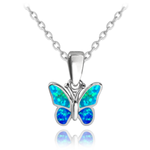 MINET Trblietavý strieborný náhrdelník BUTTERFLY s modrým opálom