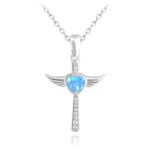 MINET Strieborný náhrdelník ANGEL CROSS s modrým opálovým srdcom