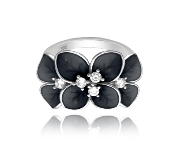 MINET Čierny kvetinový strieborný prsteň FLOWERS s bielymi zirkónmi veľkosť 49