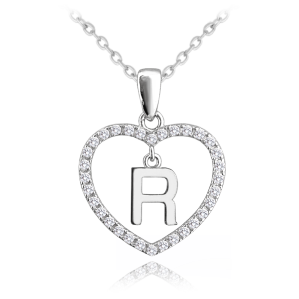 MINET Strieborný náhrdelník písmeno v srdci "R" so zirkónmi