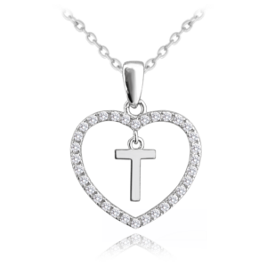 MINET Strieborný náhrdelník písmeno v srdci "T" so zirkónmi