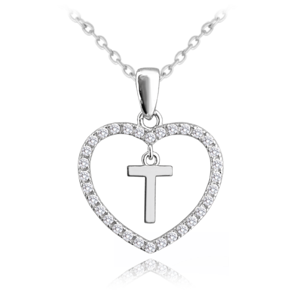 MINET Strieborný náhrdelník písmeno v srdci "T" so zirkónmi