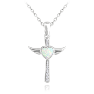 MINET Strieborný náhrdelník ANGEL CROSS s bielym opálovým srdcom