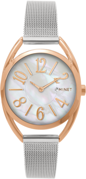 MINET Strieborné a ružové zlaté dámske hodinky ICON ROSE GOLD PEARL MESH
