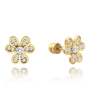 MINET Zlaté skrutkovacie náušnice s kvetmi a bielymi zirkónmi Au 585/1000 1
