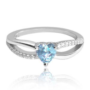 MINET Strieborný prsteň LOVE s modrým zirkónom srdce veľkosť 52