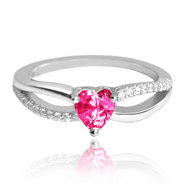 MINET Strieborný prsteň LOVE s ružovým zirkónom srdce veľkosť 52