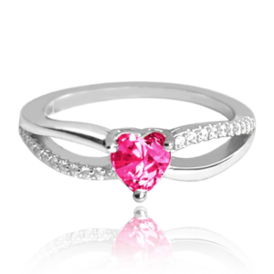 MINET Strieborný prsteň LOVE s ružovým zirkónom srdce veľkosť 58