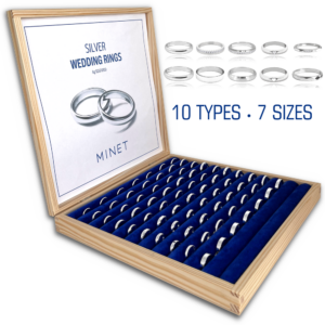 MINET+ Prezentačná krabička plná strieborných svadobných obrúčok - 70 ks - 29 x 4 x 29 cm (š x v x h)