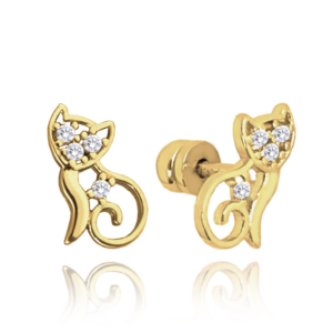 MINET Zlaté náušnice kočky na šroubek s bílými zirkony Au 585/1000 1