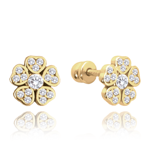 MINET Zlaté skrutkovacie náušnice s kvetmi a bielymi zirkónmi Au 585/1000 1