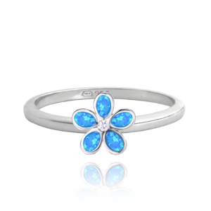 MINET Strieborný prsteň KVETY s modrými opálmi veľkosť 56