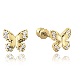 MINET Zlaté skrutkovacie náušnice motýľ s bielymi zirkónmi Au 585/1000 1