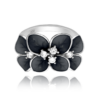 MINET Čierny kvetinový strieborný prsteň FLOWERS s bielymi zirkónmi veľkosť 55