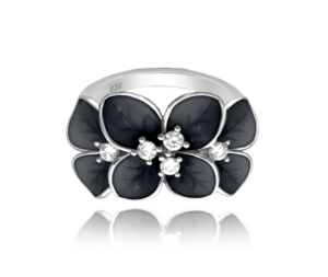 MINET Čierny kvetinový strieborný prsteň FLOWERS s bielymi zirkónmi veľkosť 59