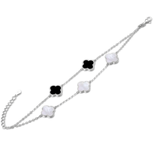 MINET Strieborný náramok štvorlístok s bielou perlou a ónyxom
