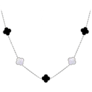 MINET Strieborný náhrdelník ďatelinové listy s bielou perleťou a ónyxom Ag 925/1000 12