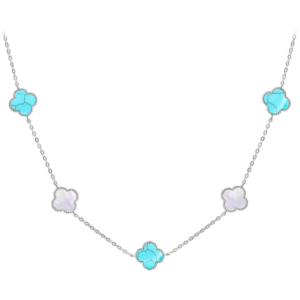 MINET Strieborný náhrdelník CLOVERLEAVES s bielou perleťou a tyrkysom Ag 925/1000 12