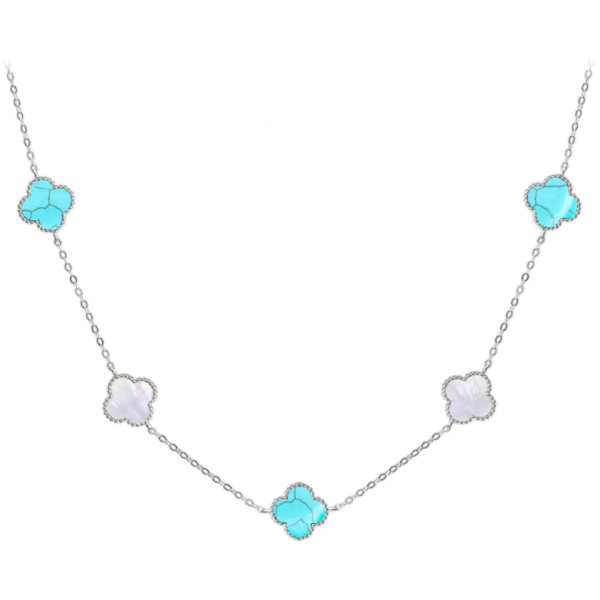 MINET Strieborný náhrdelník CLOVERLEAVES s bielou perleťou a tyrkysom Ag 925/1000 12