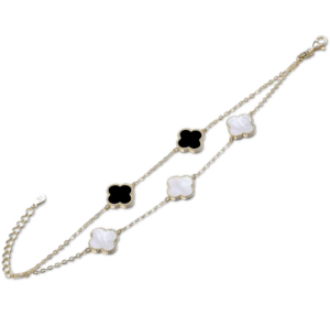 MINET Pozlátený strieborný náramok CLOVERLEAVES s bielou perleťou a ónyxom