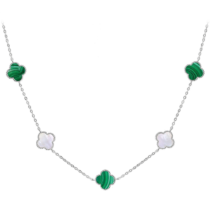 MINET Strieborný náhrdelník CLOVERLEAVES s bielou perleťou a malachitom Ag 925/1000 12