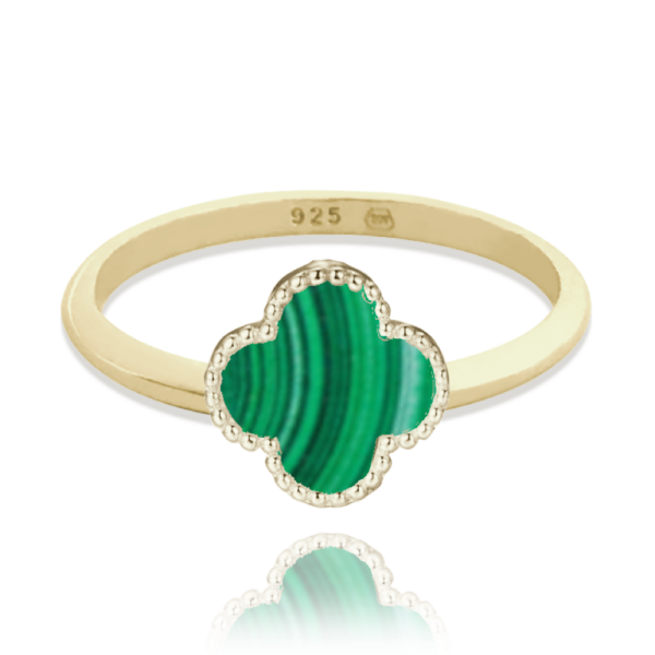 MINET Pozlátený strieborný prsteň ďatelinka so zeleným malachitom veľkosť 56