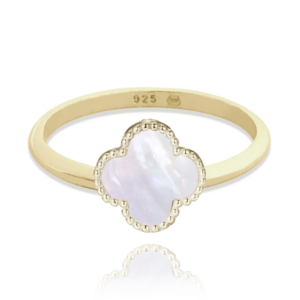 MINET Pozlátený strieborný prsteň štvorlístok s bielou perlou veľkosť 54