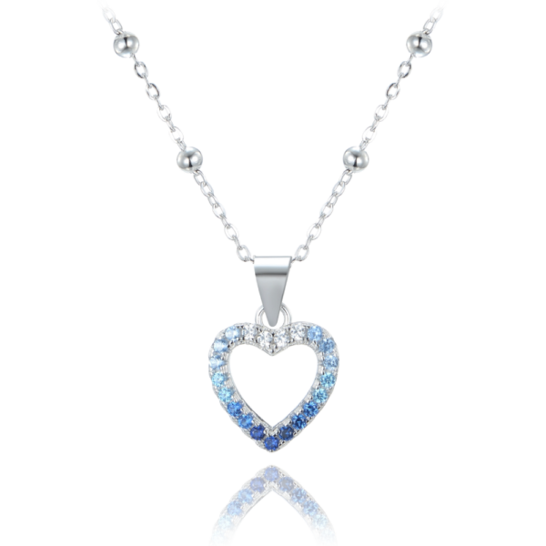 MINET Strieborný náhrdelník srdce s bielymi zirkónmi v modrých odtieňoch