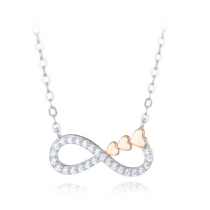 MINET Strieborný náhrdelník nekonečno s ružovozlatými srdiečkami a bielymi zirkónmi