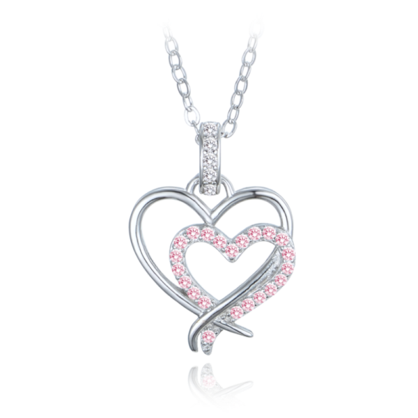 MINET Strieborný náhrdelník dvojité srdce s bielymi a ružovými zirkónmi