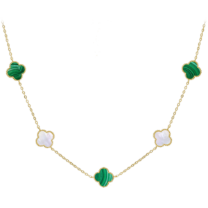 MINET Pozlátený strieborný náhrdelník CLOVERLEAVES s bielou perleťou a malachitom Ag 925/1000 12
