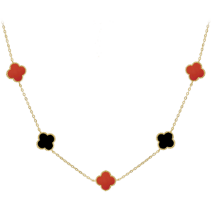 MINET Pozlátený strieborný náhrdelník CLOVERLEAVES s červeným achátom a ónyxom Ag 925/1000 12