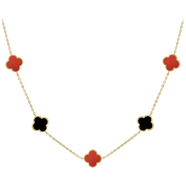 MINET Pozlátený strieborný náhrdelník CLOVERLEAVES s červeným achátom a ónyxom Ag 925/1000 12