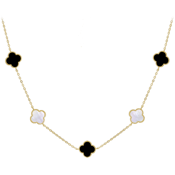 MINET Pozlátený strieborný náhrdelník CLOVERLEAVES s bielou perleťou a ónyxom Ag 925/1000 13