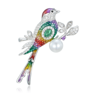 MINET Strieborná brošňa farebný vták s prírodnou perlou