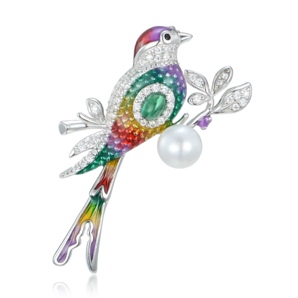 MINET Strieborná brošňa farebný vták s prírodnou perlou