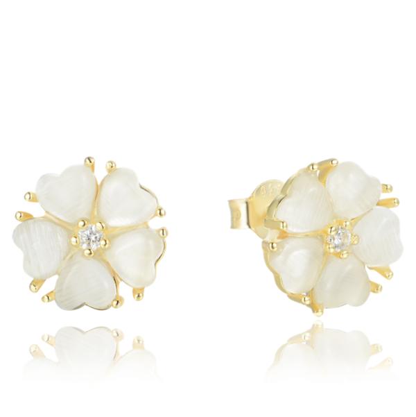 MINET Pozlátené strieborné náušnice biele kvety s mačacím okom a zirkónom