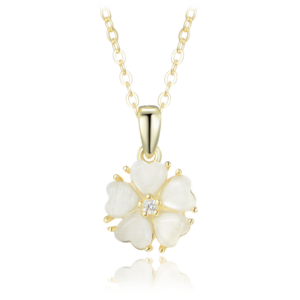 MINET Pozlátený strieborný náhrdelník biely kvet s mačacím okom a zirkónom