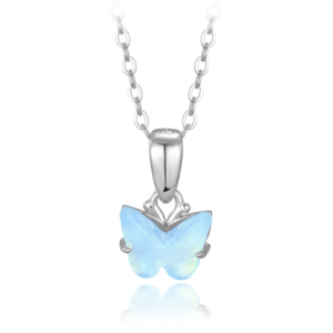 MINET Lesklý strieborný náhrdelník modrý motýľ