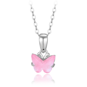MINET Lesklý strieborný náhrdelník ružový motýľ