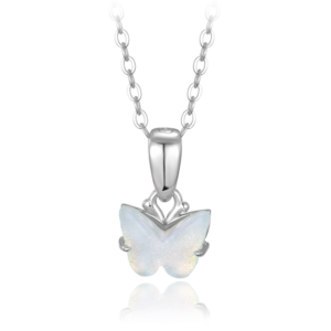 MINET Lesklý strieborný náhrdelník biely motýľ